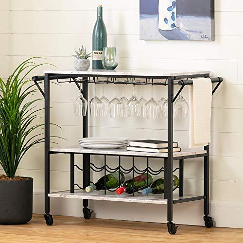 South Shore Maliza Bar Cart Bottle Storage and Wine Glass Rack-Faux Marble and Black