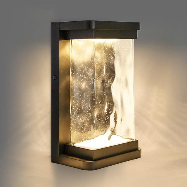 LUTEC 1000 Lumen Outdoor LED Wall Light Fixture, Dusk to Dawn Porch Light Wall Sconce with Seeded Glass, Matte Black Wall Lantern Exterior Lighting for House Backyard Patio, 3000K