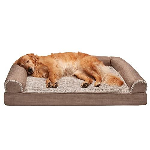 Furhaven Pet Dog Bed - Cooling Gel Memory Foam Faux Fleece and Chenille Soft Woven Traditional Sofa-Style Living Room Couch Pet Bed with Removable Cover for Dogs and Cats