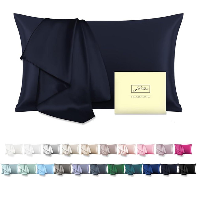 Natural Mulberry Silk Pillowcase for Hair and Skin Pillow Case with Hidden Zipper Soft Breathable Smooth Cooling Covers Sleeping(Navy Blue,Standard,1Pcs)