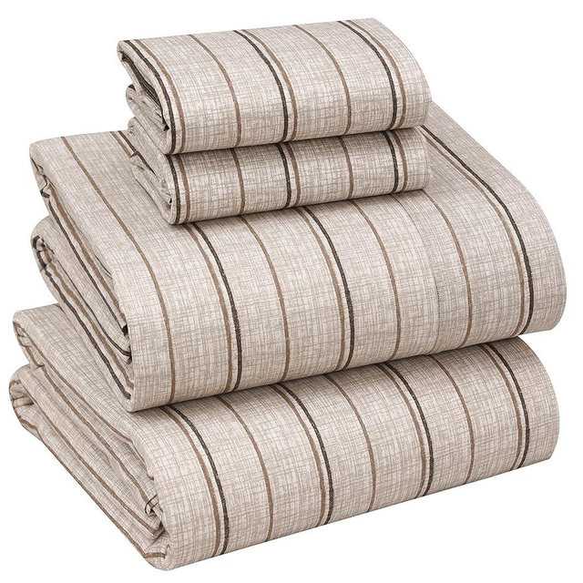 RUVANTI 100% Cotton California King Sheet Sets, 4 Pieces, Soft & Breathable Percale Weave Bedding, Deep Pocket 14", Hotel Standard, Crisp Cool Feel & Durable, Perfect Striped Sheets, Brown Stripes