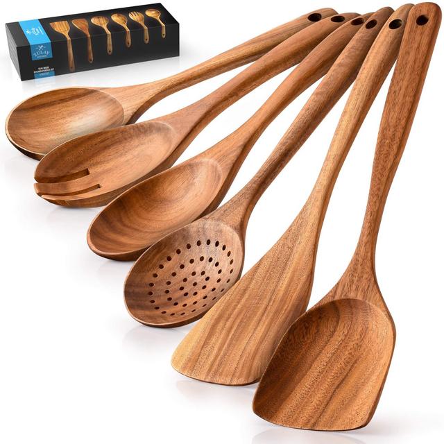 Zulay Kitchen Premium Wooden Utensils For Cooking - 6 Pc Set Non-Stick Soft Comfortable Grip Wooden Cooking Utensils - Smooth Finish Teak Wooden Spoon Sets For Cooking
