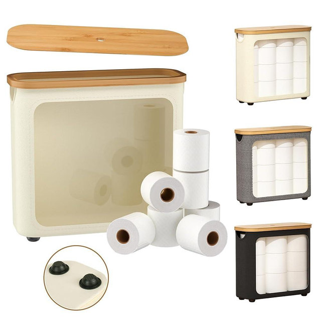 WRRLORS Toilet Paper Storage with Bamboo Lid,Foldable Basket Organizer for Bathroom, Holds 9 Mega/12 Regular Rolls, Waterproof Toilet Paper Holder Storage with Non-Slip Base,Beige