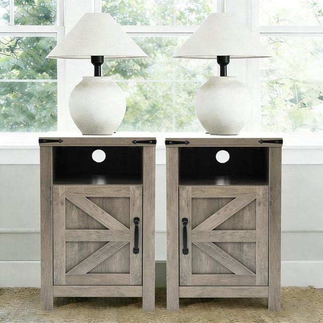 Stabrech Grey Farmhouse Nightstand Set of 2, End Tables Set with Charging Station, Night Stand with Door and Storage Shelf, Sofa Side Table Living Room, Bedside Table for Bedroom