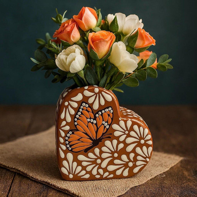 Handmade Talavera Heart Shaped Butterfly Flower Vase | Brown & White