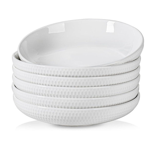 Taeochiy 8.5-Inch Pasta Bowls Set of 6-34 oz Large Wide Shallow Salad Bowls, Porcelain Deep Plates for Dinner, Blate Plates for Spaghetti & Soup, Microwave Safe, White
