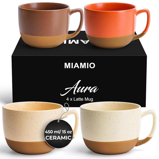MIAMIO – 15 Ounce, Set of 4 Ceramic Latte Mug – Elegant Modern Coffee Mug Set for Cafe, Latte, Tea, Hot Cocoa - Drinks Dishwasher & Microwave Safe – Aura Collection (Cozy Neutral, Coffee Mug(4x))