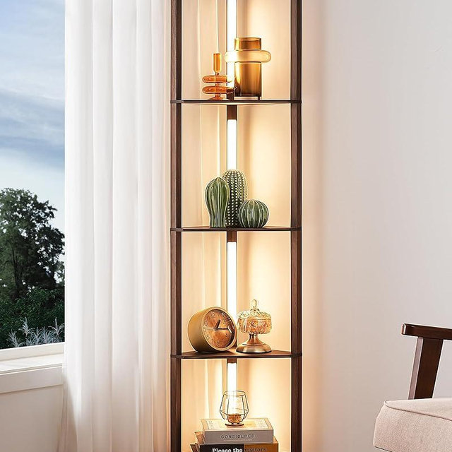 EDISHINE 64" Corner Shelf Floor Lamp for Living Room, Modern LED Corner Light with Shelves, 3CCT, Stepless Dimmable Tall Floor Light for Bedroom, Office, Dining Room, 3000K 4000K 5000K, Walnut Color