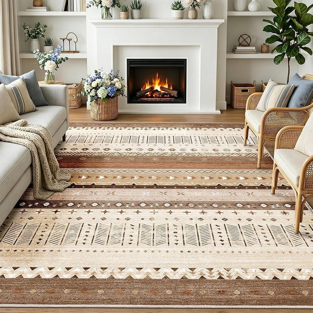 MUJOO Washable 8x10 Area Rugs for Living Room,Boho Large Rug for Bedroom Dining Room Indoor Non Slip Low Pile Carpet Modern Western Farmhouse Striped Brown and Beige