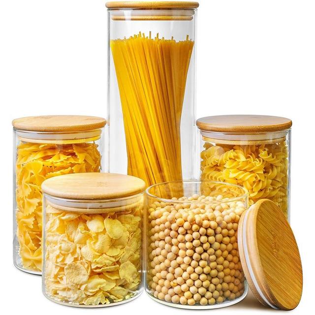 HomArtist Glass Storage Containers with Lids [Multi Size Set of 5], Glass Jars with Bamboo Lids, Glass Airtight Food Storage Container, Glass Canister Set for Pantry Kitchen Pasta Flour Cereal Storage