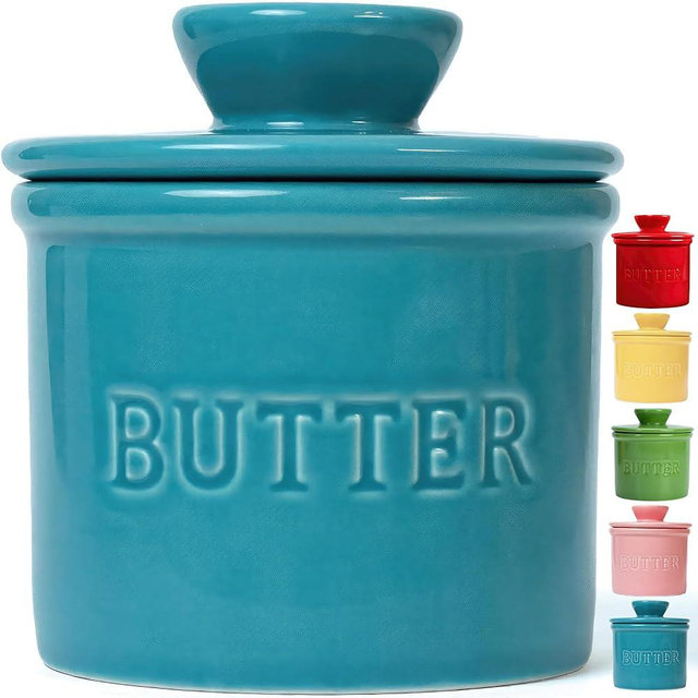 PriorityChef Butter Crock with Lid, On Demand Spreadable Butter, French Butter Keeper to Leave On Counter with Water Line, Ceramic French Butter Dish, Turquoise