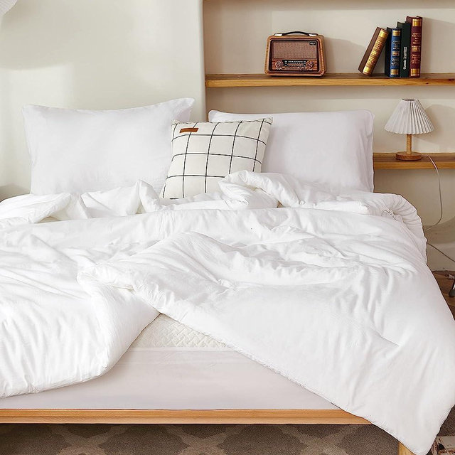 Litanika White Comforter Full Size, 3 Pieces Boho Lightweight Solid Bedding Set & Collections, All Season Fluffy Bed Set (79x90In Comforter & 2 Pillowcases)