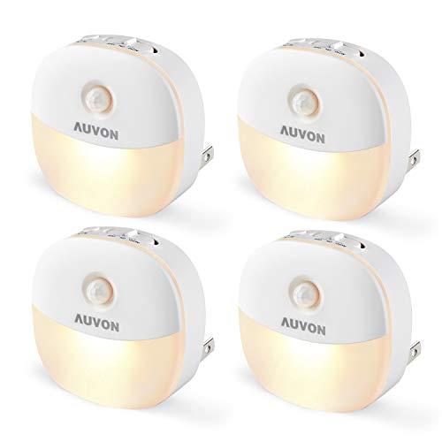 AUVON Plug-in LED Motion Sensor Night Light, Mini Warm White LED Nightlight with Dusk to Dawn Motion Sensor, Adjustable Brightness for Bedroom, Bathroom, Kitchen, Hallway, Stairs (4 Pack)