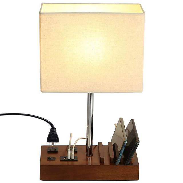 Briever USB Table Lamp, Multi-Functional Bedside Desk Lamp with 2 AC Outlets, 3 USB Charging Ports and Wooden Phone Stands, Modern Nightstand Lamp for Bedroom, Guest Room, Office