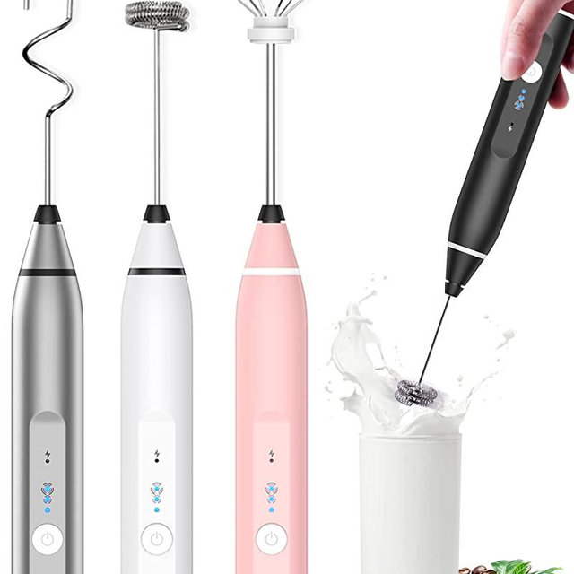 Milk Frother Rechargeable Handheld, Electric Whisk Coffee Frother Mixer with 3 Stainless whisks, 3-Speed Adjustable Foam Maker Blender for Coffee Matcha Latte Cappuccino Hot Chocolate Keto Diet