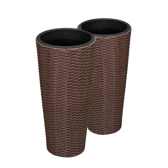 Balkene Home 63543 Noah Round Wicker Planter Tall Planter Decor Box for Adaptable Outdoor Furnishings All Weather Versatile Perfect Patio Herb Garden Living Space - 2 Piece Set - Mocha