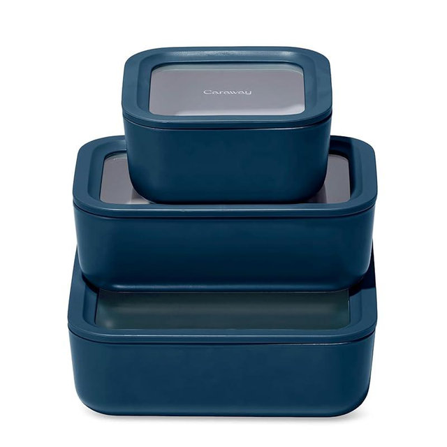 Caraway 3pc Glass Food Storage Set – 10 Cup, 6.6 Cup, & 4.4 Cup Food Containers - Ceramic Coated - Non Toxic Non Stick Lunch Box with Glass Lids - Dishwasher, Oven, & Microwave Safe - Navy