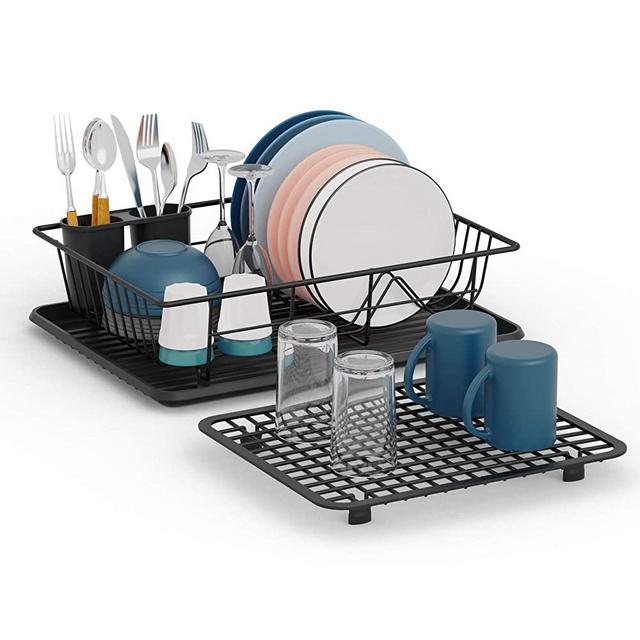 Dish Drying Rack, GSlife Set of Dish Rack with Tray & Sink Protector Grid for Kitchen Countertop Sink, Black