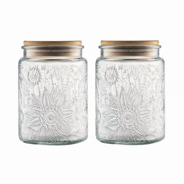 ANSQU 2 Pack Vintage Glass Storage Jar, 23.7 FL OZ Glass Food Storage Containers with Bamboo Lid, Candy Jars with Lids for Kitchen Counter, Pantry, Coffee, Tea, Sugar