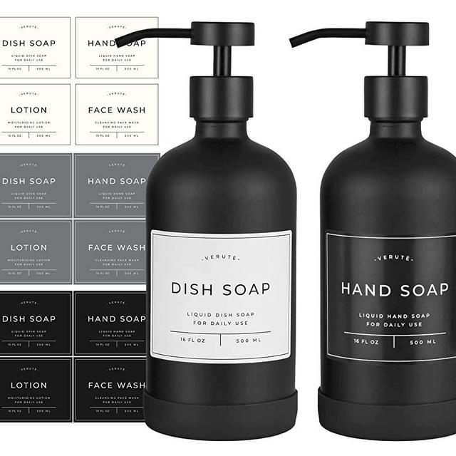 Verute 16oz Glass Soap Dispenser with Stainless Steel Pump, 12 Waterproof Labels and Non-Slip Protective Silicone Pad, Set of 2 for Bathroom and Kitchen (Matte Black/Black Pump)