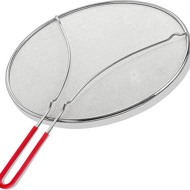 13" Grease Splatter Screen for Cooking | Stainless Steel Oil Splatter Guard and Ultra-Fine Mesh Protects Skin from Burns | Silicone Red Handle