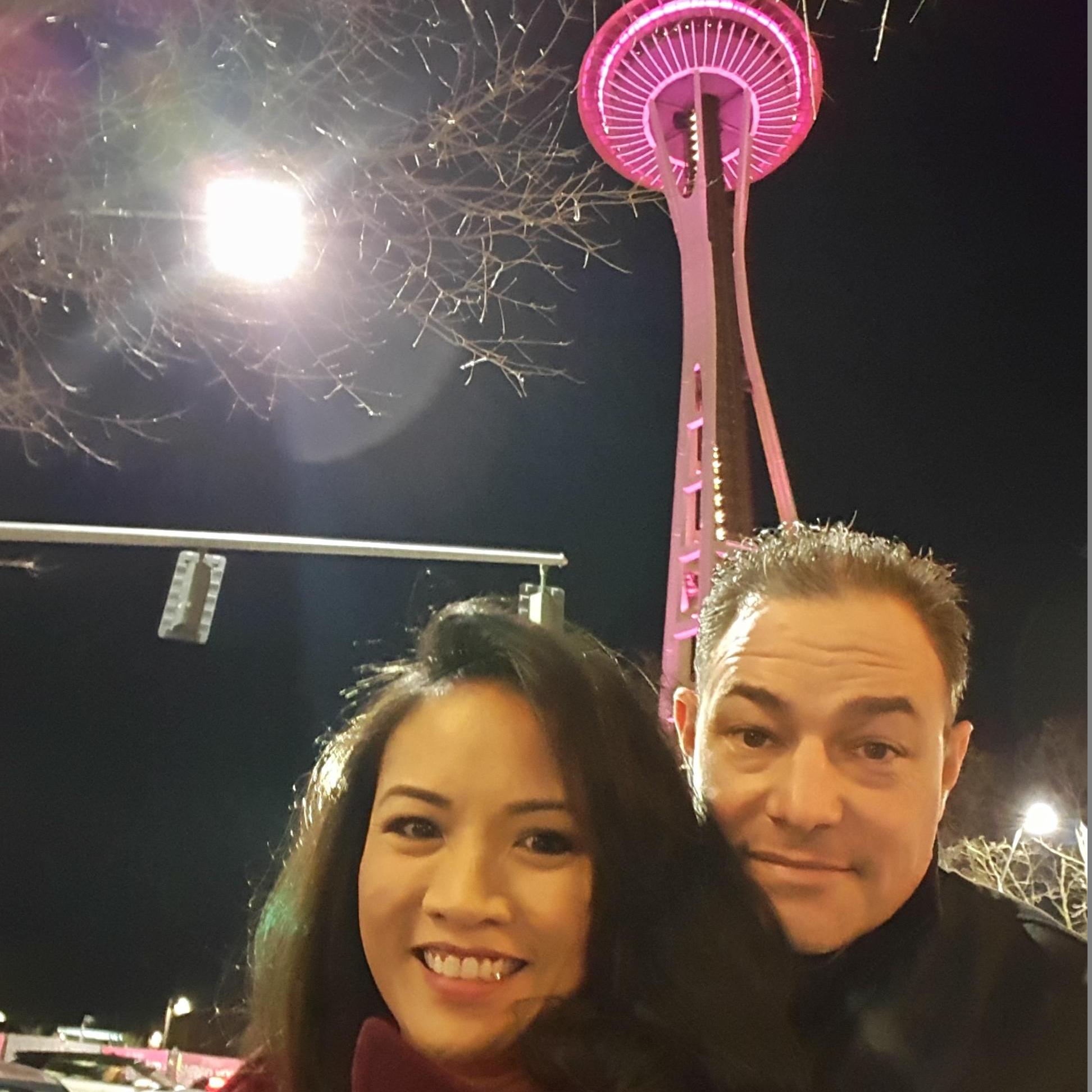 On our way to the top of the Space Needle for a New Year's Eve soiree!