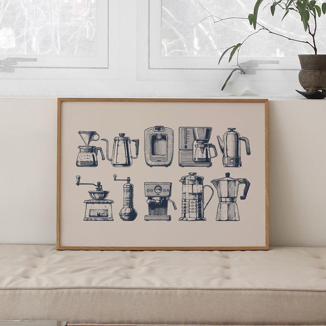 Navy Blue Coffee Print | Sketch Style Cafe Art | Horizontal Wall Art | Kitchen Decor | UNFRAMED | KIKIANDNIM