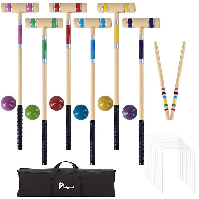Pointyard 28In Six Player Croquet Set, Universal Szie Croquet Set with Wooden Mallets/Colored Ball/Wickets/Stakes for Lawn/Backyard Game/Park
