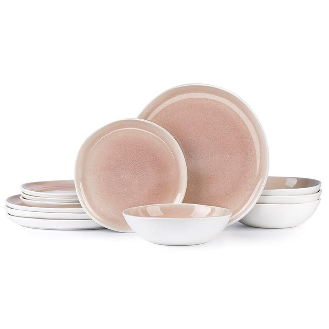 AmorArc Ceramic Dinnerware Sets,Handmade Reactive Glaze Stoneware Plates and Bowls Sets,Highly Chip and Crack Resistant | Dishwasher & Microwave Safe Dishes Set,Service for 4 (12pc)-Pink