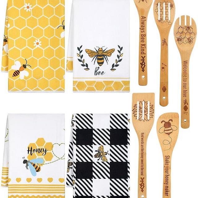 9 Pcs Bee Kitchen Decor 4 Bee Kitchen Towels 5 Cute Wooden Spoons Honey Bee Dish Towels Plaid Honeycomb Hand Towels Bee Bath Tea Towels Absorbent for Bathroom Home Housewarming Gifts