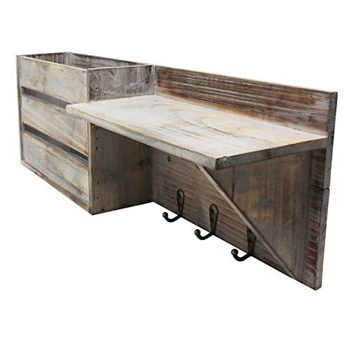 Vintage Torched Wood Rustic Wall Mounted Key & Mail Holder/Organizer with 3 Key Hooks, 1 Compartment, and Shelf - for Entryway or Mud Room – Holds Documents, Bills, Letters, Keys and More