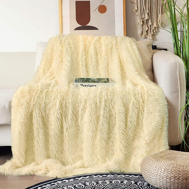 Decorative Extra Soft Faux Fur Blanket Queen Size 78"x 90",Solid Reversible Fuzzy Lightweight Long Hair Shaggy Blanket,Fluffy Cozy Plush Fleece Comfy Microfiber Blanket for Couch Sofa Bed,Light Yellow