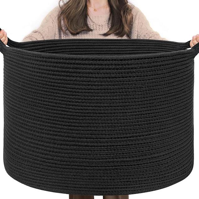 INDRESSME Large Laundry Basket 21.7" x 21.7" x 13.8" Woven Baskets for Storage Rope Blanket Basket for Living Room Toy Baskets Bin Storage Kids Shoe Basket for Entryway, Black