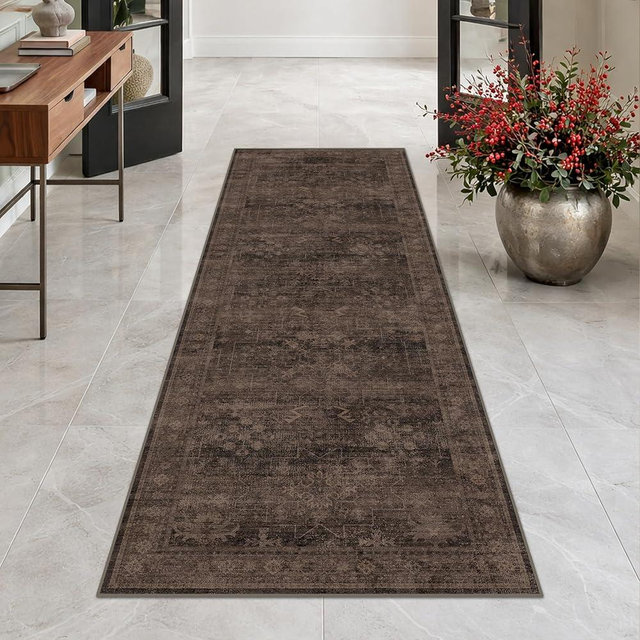 Washable 2x6 Runner Rug for Hallway, Dark Taupe Brown Low Pile Non-Slip Long Kitchen Runner Rugs for Bathroom Laundry Room, Boho Vintage Traditional Eclectic Stain Resistant Carpet