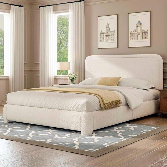 Queen Size Bed Frame with Headboard, Boucle Upholstered Platform Bed Frame, Soft Rounded Corners, No Box Spring Required, Easy Assembly, Cream
