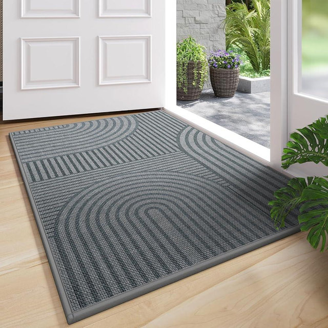 QiCaiJia Front Door Mat 24''x35'', Absorbent Muddy Dirt Resist Washable Non Slip Low-Profile Indoor Doormat, Easy Clean Welcome Entryway Door Mats, Grey