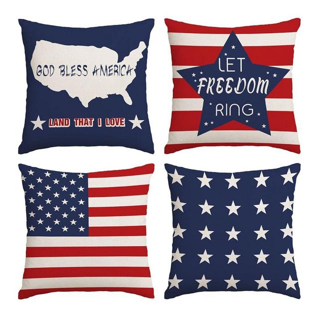 4th of July Throw Pillow Covers 18x18 Set of 4 Patriotic Pillow Covers American Flag Day Memorial Day Independence Red White Blue Pillow Case Cushion Covers Home Outdoor Sofa Couch Decorations