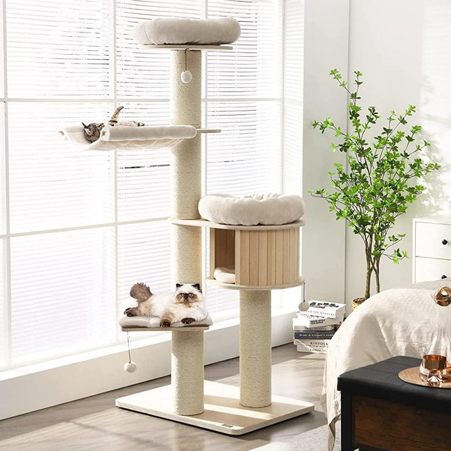 Tangkula Modern Cat Tree, Multi-Level Large Cat Tower w/Cat Condo, Hammocks & Hanging Basket, Tall Cat Tree w/Sisal Posts, Washable Cushions, Wood Cat Trees and Towers for Indoor Large Cats