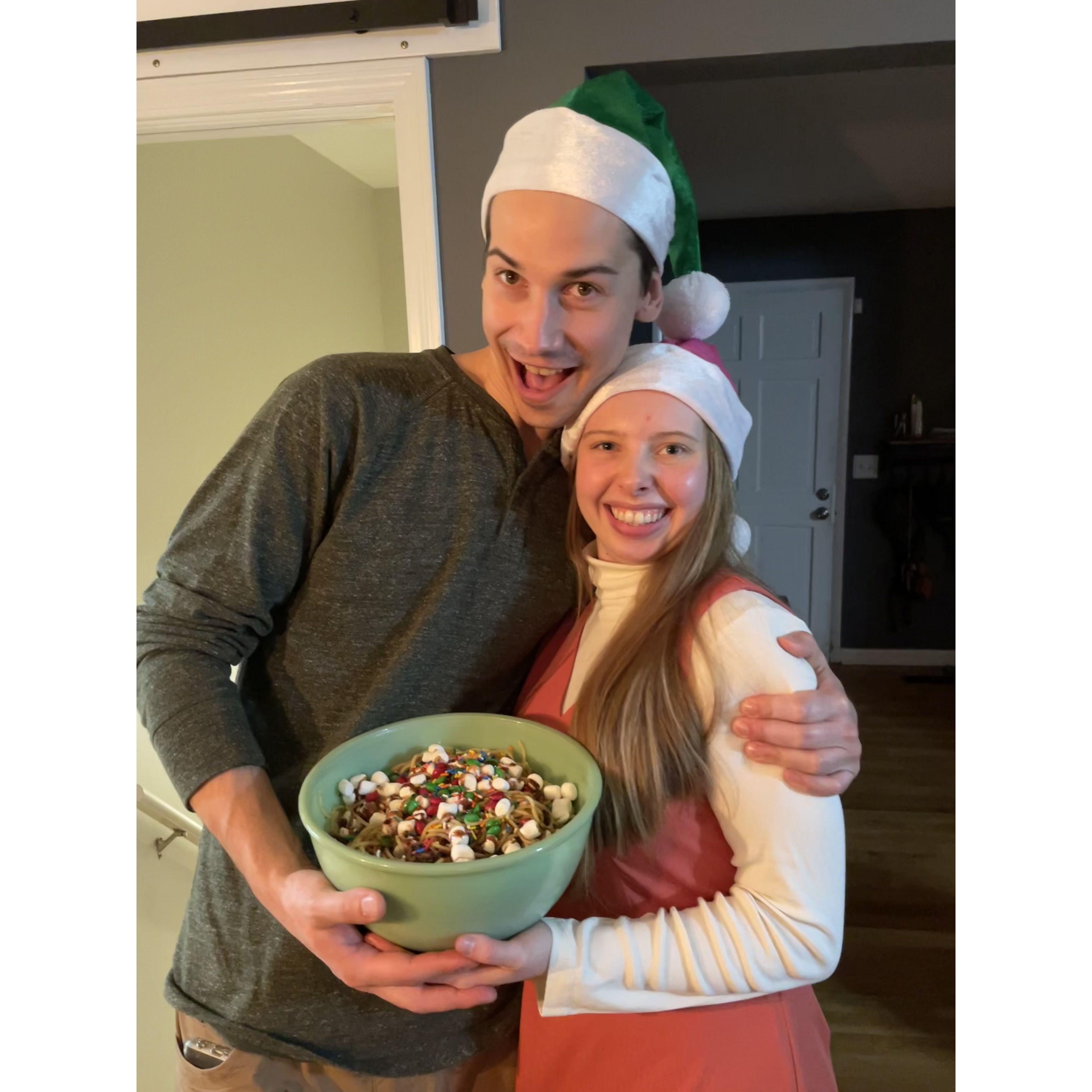 We were Buddy and Jovie for a Secret Santa party! Yes, we did make Buddy's spaghetti- it wasn't bad!