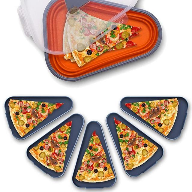 Queceuy Reusable extended pizza storage container with 5 microwaveable heating trays, adjustable silicone pizza box, space saving and leftover pizza slice container, microwave and dishwasher safe