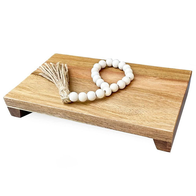 Lyfe Simple Natural Acacia Wood Pedestal Stand | Wood Riser with Decorative Beads | Kitchen Counter Decor | Soap Tray for Kitchen Sink | Bathroom Tray | Tabletop Wooden Stand (12 x 7 Inch)