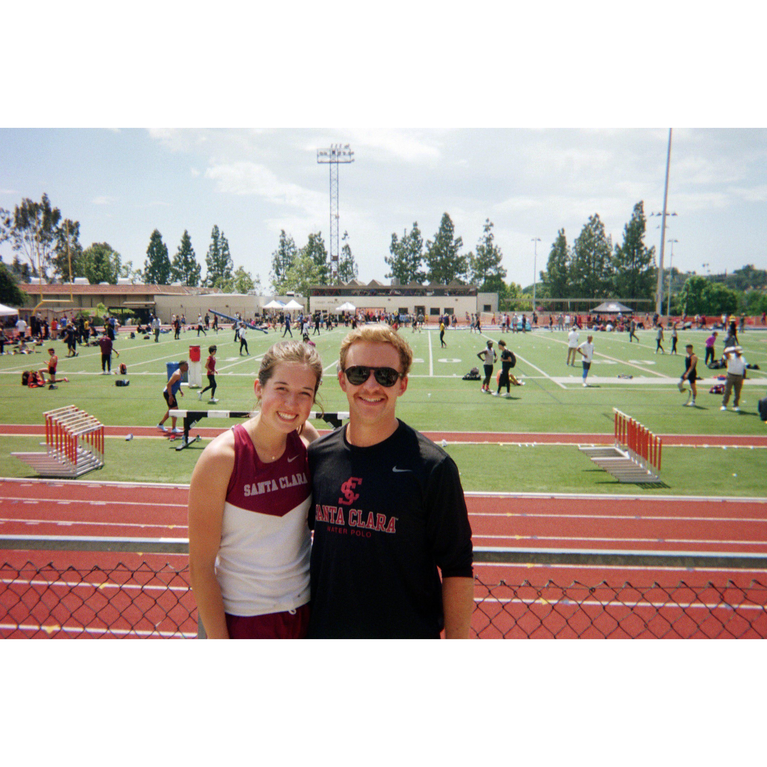 Julia's last collegiate track meet at Occidental College! Due to flight delays, she arrived at the track with 10 minutes to spare before her race. Cameron and Jack arrived with ample time to cheer.