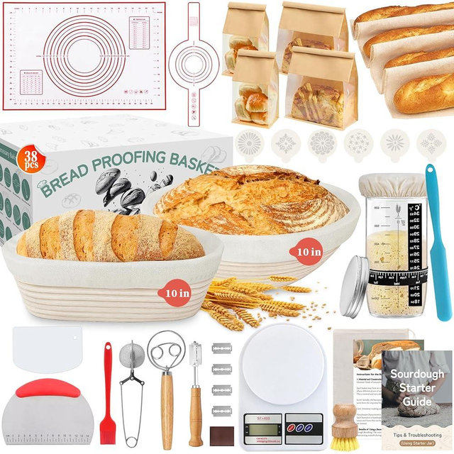 Aliggbent 38Pcs Sourdough Bread Baking Supplies, 10'' Round & Oval Banneton Bread Proofing Baskets with 24 oz Sourdough Starter Jar Kit, Digital Scale, Bags & Bread Making Tools Kit for Artisan Baking