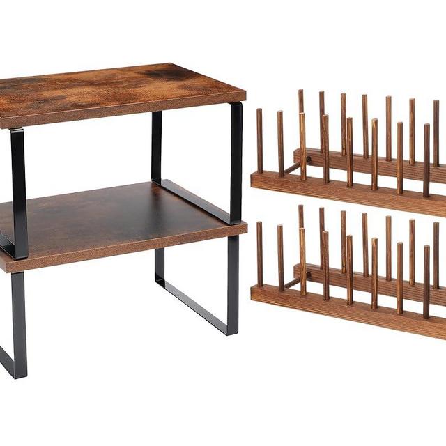 Marsui 4 Pcs Kitchen Organizer Accessories Set Cabinet Organizer Shelf and Bamboo Dish Drying Plate Rack Counter Shelves Storage Holder for Spice Rack, Dish, Pot Lid, Bowl, Cup(Deep Color)