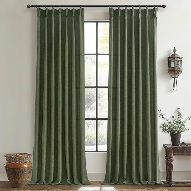 PleatedDrapes Dark Olive Green Pleat Memory Shape Linen Curtains 84 Inch Length 2 Panels for Living Room, Cottagecore Farmhouse Loden Light Filtering Moss Office at Home Sheer Curtains 40"x84" Long