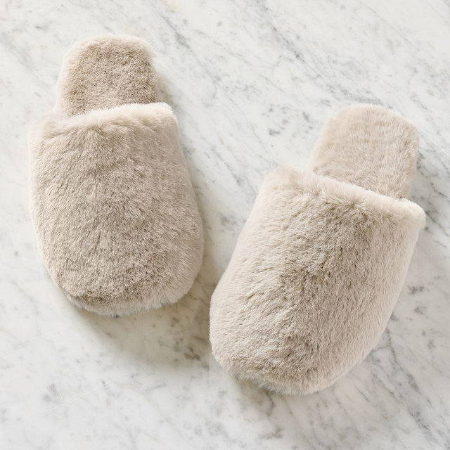 Double Side Faux Fur Slippers, Dove, Small