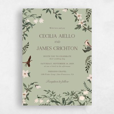 Olive Sage, Green Wedding Invitation - Oiseau Portrait