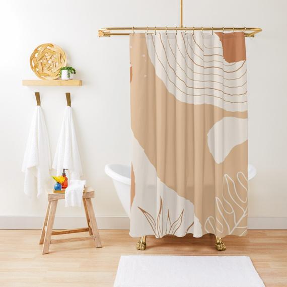 Natural tones abstract shapes beige, dusty pink, burnt orange shower curtain - Boho shower curtain - Bathroom set - Extra Long up to 86"