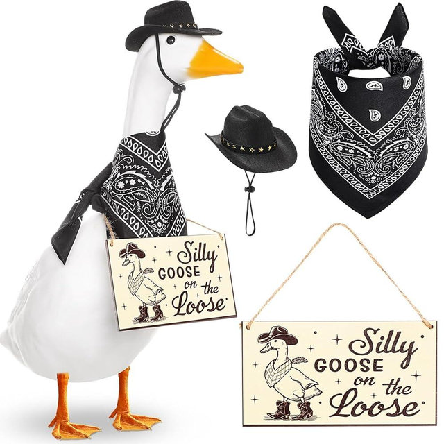 Silicherry Funny Porch Goose Decoration Set Silly Goose on The Loose Hangings Sign Cowboy with Outfit Cowboy Hat and Bandana for 23" Cement/Plastic Outdoor Statue Patio Yard Lawn Art(Black)