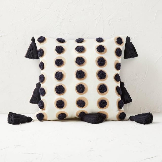 Embroidered Dots with Pom-Poms Square Throw Pillow Cream/Black - Opalhouse™ designed with Jungalow™